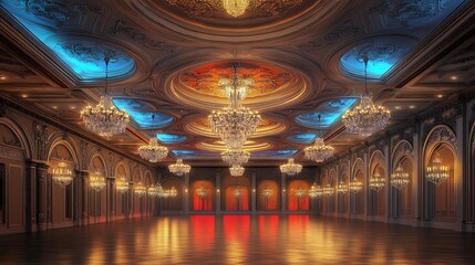 Obraz premium Majestic Ballroom with Crystal Chandeliers, Detailed Ceiling, and Warm Lighting Accented by Red and Blue Uplighting