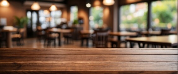 Close-up of a wooden table in a blurry cafe interior