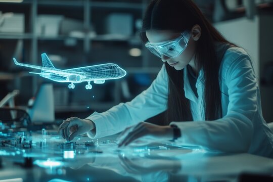 Female engineer conducts r d testing with airplane model hologram in aeronautics office