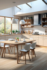 Modern kitchen with light wood cabinetry, a wooden dining table, and white chairs, illuminated by natural light from large windows and skylights.