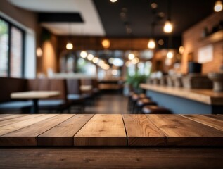 Wooden Tabletop with Blurred Restaurant Background