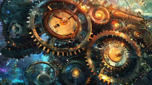 A painting of gears and clocks with a futuristic city in the background. The gears are all different sizes and colors, and the city is lit up with neon lights