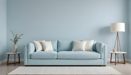 A modern light blue sofa with white throw pillows against a light blue wall.