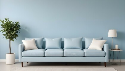 A modern light blue sofa with white throw pillows against a light blue wall.