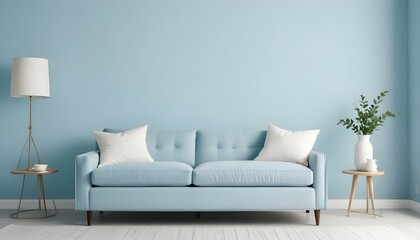 A modern light blue sofa with white throw pillows against a light blue wall.