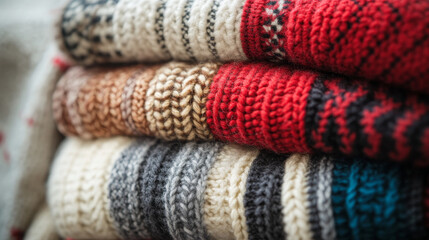 Fototapeta premium Various styles, including chunky knits and cable patterns, are displayed in warm, neutral tones.