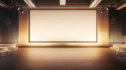 Minimalist Event Space with a Large Blank Screen, Soft Illumination, and Ample Room for Branding and Presentations