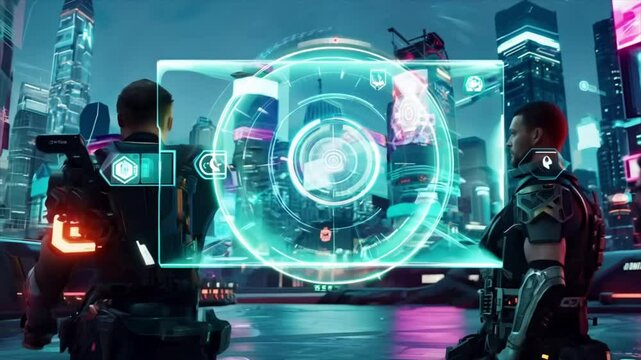 FPS RPG video game soldiers in high tech city Generative AI