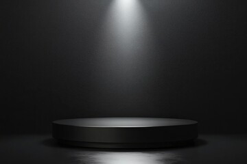 Blank black table platform with bright spotlight isolated on black wall, empty table - place for product placement and text and design, empty place table stage podium hight quality, ai