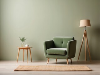 Green Armchair, Wooden Floor Lamp, and Side Table in a Minimalist Room