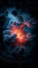 Ethereal Cosmic Explosion with Fiery Center Amidst Dark Clouds and Starry Sky