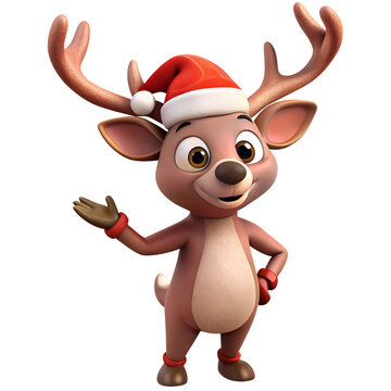 Cartoon reindeer wearing gloves and socks with Santa hat, 3D character for Christmas decoration