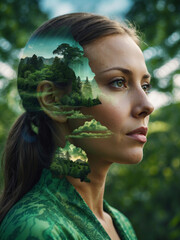 double exposure of Woman's essence blended with serene nature