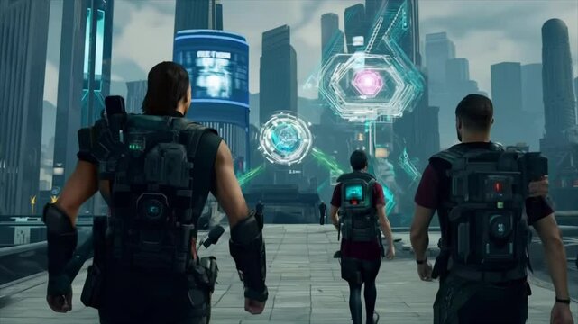 FPS MMO video game squad of soldiers in high tech city Generative AI