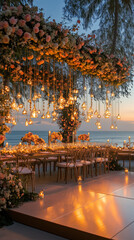 Obraz premium open air dance floor with wedding stage with flower decoration, table with candles and centerpiece, outdoor wedding