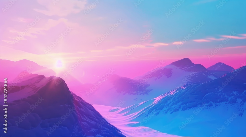 Poster softly blending colors in an animated backdrop evoke calmness and serenity as dawn breaks over majes