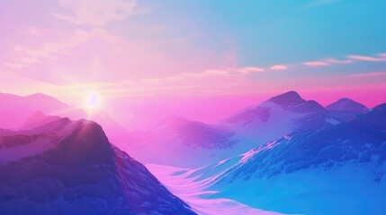 Softly blending colors in an animated backdrop evoke calmness and serenity as dawn breaks over majestic snow-covered mountains under the gentle sky