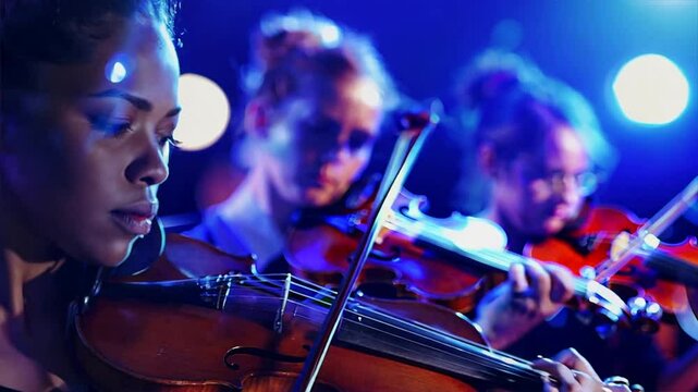 A woman is playing the violin in a group of musicians. Scene is one of harmony and collaboration, as the group of musicians work together to create beautiful music