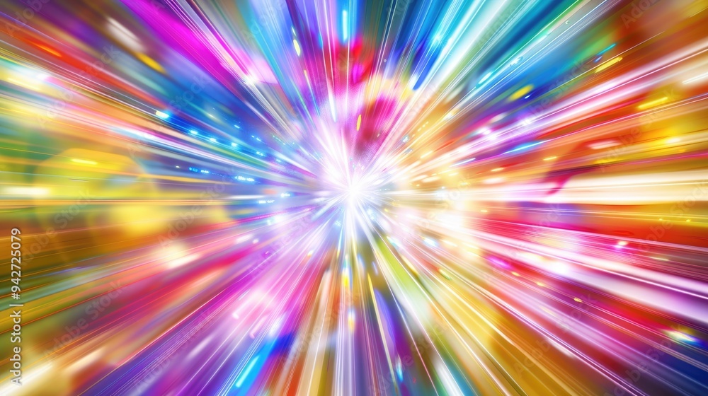 Poster dynamic light rays intersect with iridescent colors, generating a captivating sense of movement and 