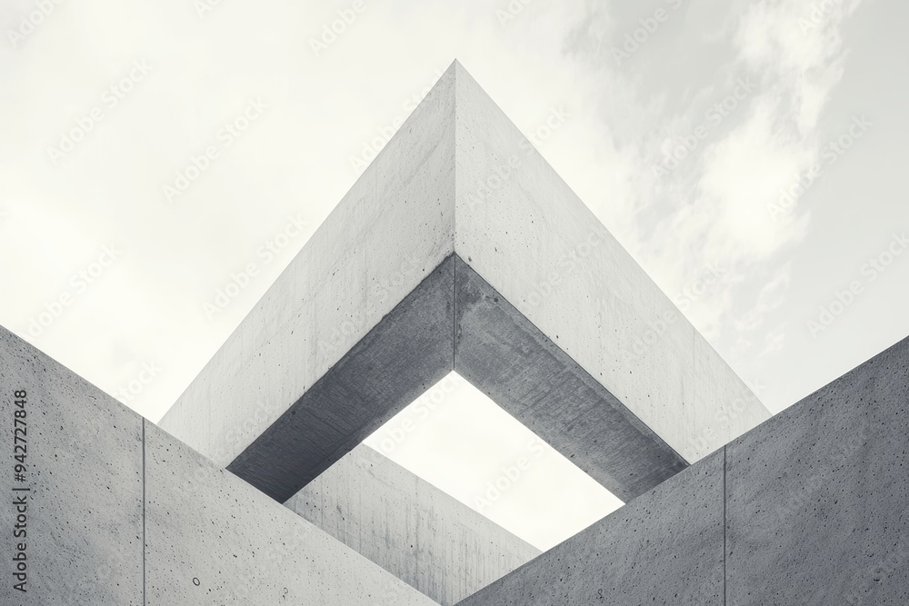 Poster minimalist architectural design with abstract geometric concrete structure under cloudy sky