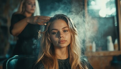 Obraz premium Charming young woman enjoying a hair styling session at a trendy salon with professional touch