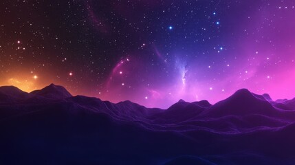 3D illustration of purple aurora and mountain silhouette