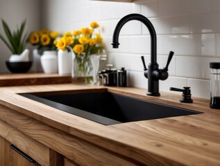Black Kitchen Sink with Faucet and Wood Countertop