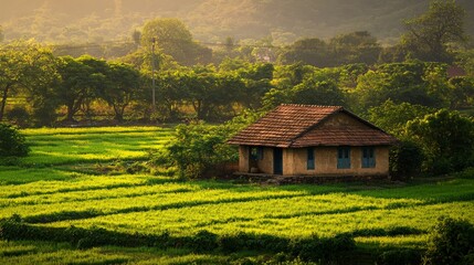 A traditional Indian farmhouse surrounded by vibrant green fields, captured at golden hour