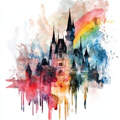 watercolor painting of a castle with a rainbow overhead, on isolated white background