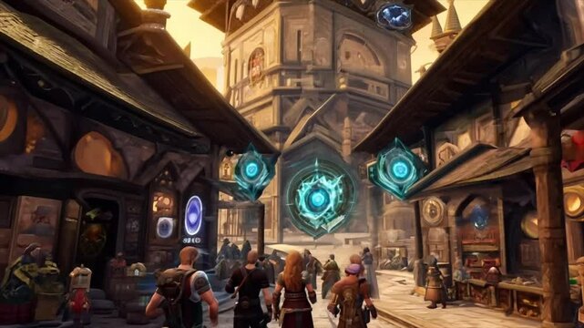 MMO RPG video game guild in town Generative AI