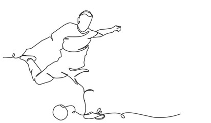 continuous line drawing of soccer player shooting vector illustration. Single one line art of young man playing soccer ball template.