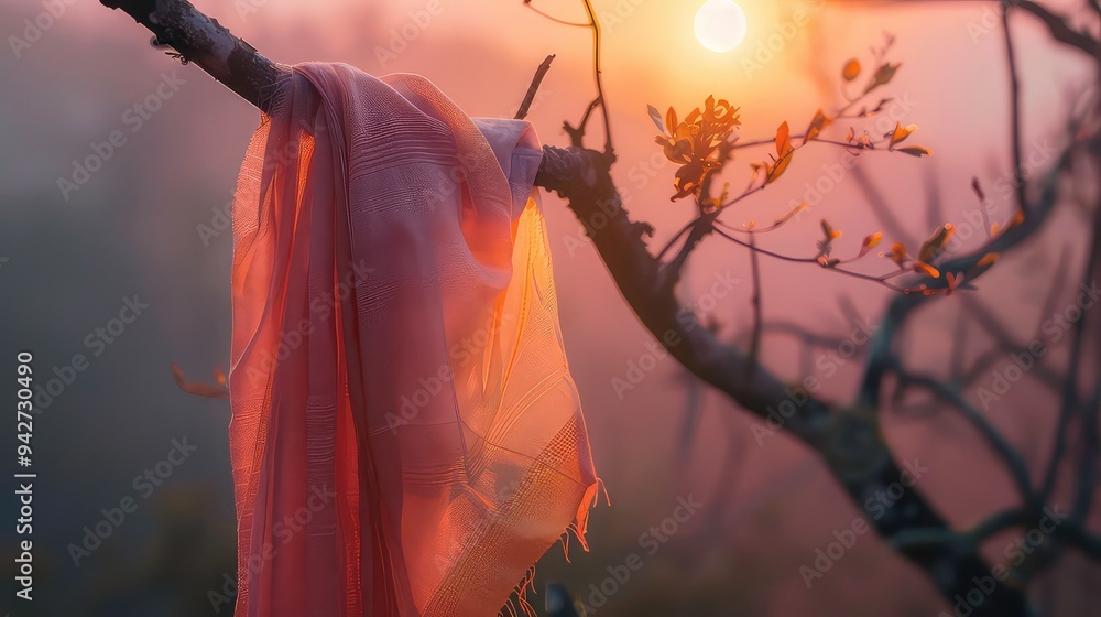 Poster a sheer fabric drapes over a branch in the golden light of sunset, creating a soft and ethereal scen