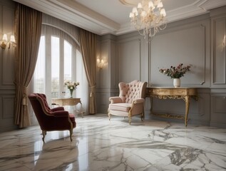 Luxurious Living Room Interior with Marble Floor and Elegant Furnishings