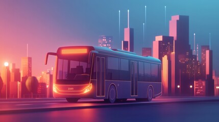 Buses traveling in neon cities of the future