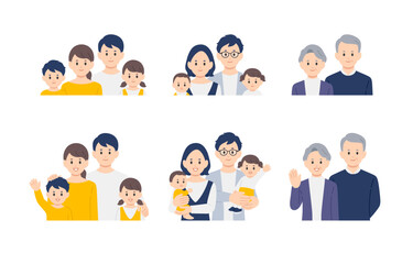 笑顔の子育て世帯･三世代家族の上半身セット【人物ベクターイラスト素材】