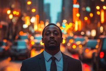 Fototapeta premium Man in a suit walking through a busy city street at dusk