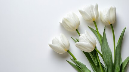 Elegant White Tulip Flowers Blooming in Full, Minimalist Aesthetics and Serene White Space, Symbolizing Purity and Freshness