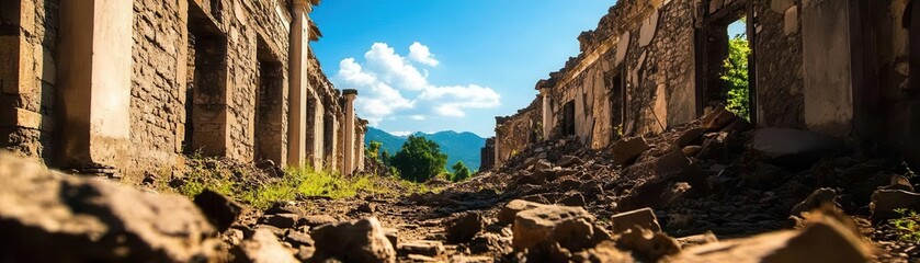 Fototapeta premium Ruins of an ancient building slowly crumbling, stone decomposition, the passage of time, historical decay