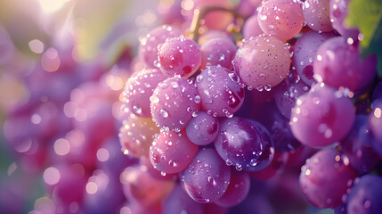 Fresh Purple Grapes with Dew Drops in Sunlight