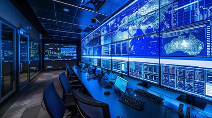 Blue Lit Control Room with Monitors Displaying Data, Wide Shot, Data Center, Network, Technology, Security, Monitoring