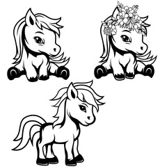 Cute Baby Horse | Floral Horse | Farm Animal | Horse | Domestic Animal | Horses Icon | Horse Face | Sitting Horse | Original Illustration | Vector and Clipart | Cutfile and Stencil