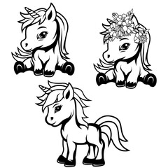 Cute Baby Unicorn | Unicorns Icon | Magical Pony | Unicorn | Mythological Animal | Floral Unicorn | Unicorn Face | Sitting Unicorn | Original Illustration | Vector and Clipart | Cutfile and Stencil