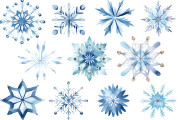 Snowflakes watercolor Illustration collection isolated on white background	