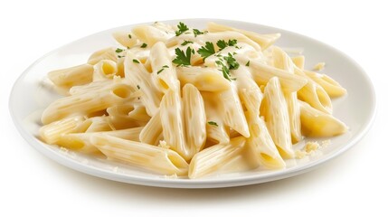 Creamy Pasta with Parsley, White Plate, Isolated Background,  Pasta, Italian Food,  Creamy Sauce,  White Background