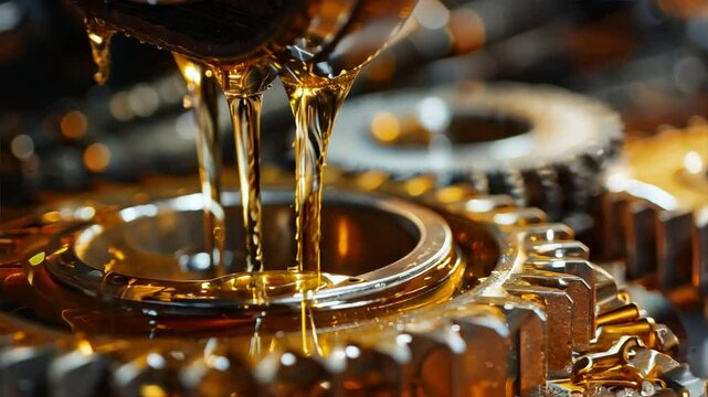 A machine with gears and a liquid dripping from it. The liquid is yellow and it looks like oil