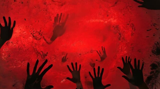 Ghostly handprints swirl in a blood-red void. More spectral imprints emerge from the crimson depths, creating a haunting atmosphere. Eerie scene evokes feelings of unease and foreboding.	