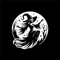 Scary witch in old torn dress and hat. Vector illustration of skeleton in halloween costume in woodcut style