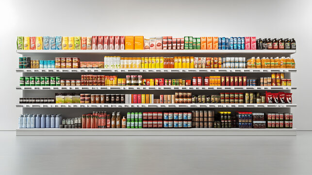 3d hyperrealistic supermarket shelfs with products, element isolated on white background	