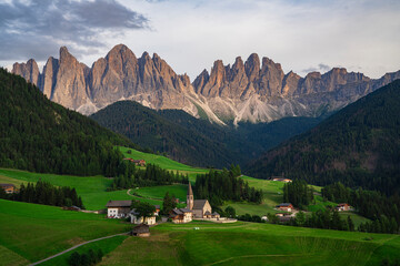 Sunset view of the Val di Funes, Dolomites, Italy.