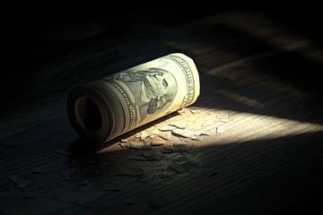 Illuminated roll of dollar bills on broken currency in a dark setting with a single light ray